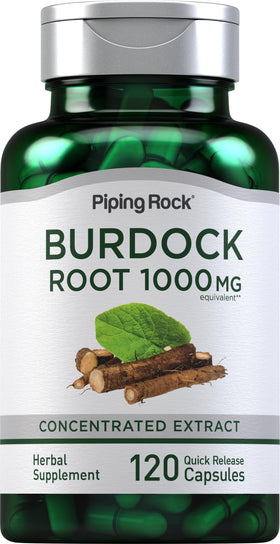 Capsules de racine de bardane Piping Rock 120 comprimés vue de face