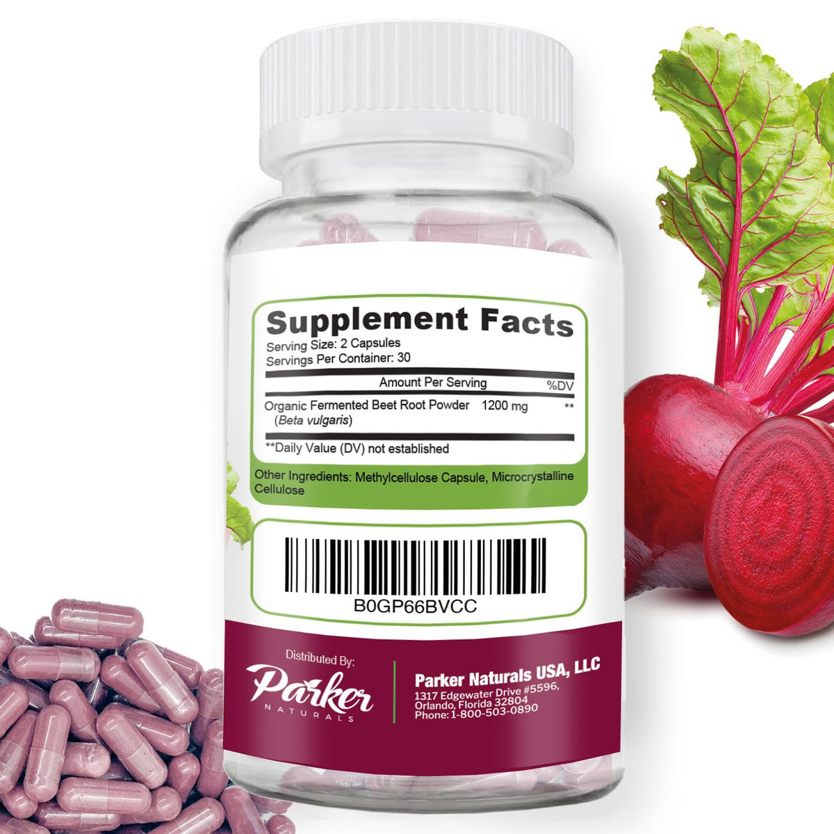Capsules de racine de betterave fermentée bio Parker Naturals sur fond blanc