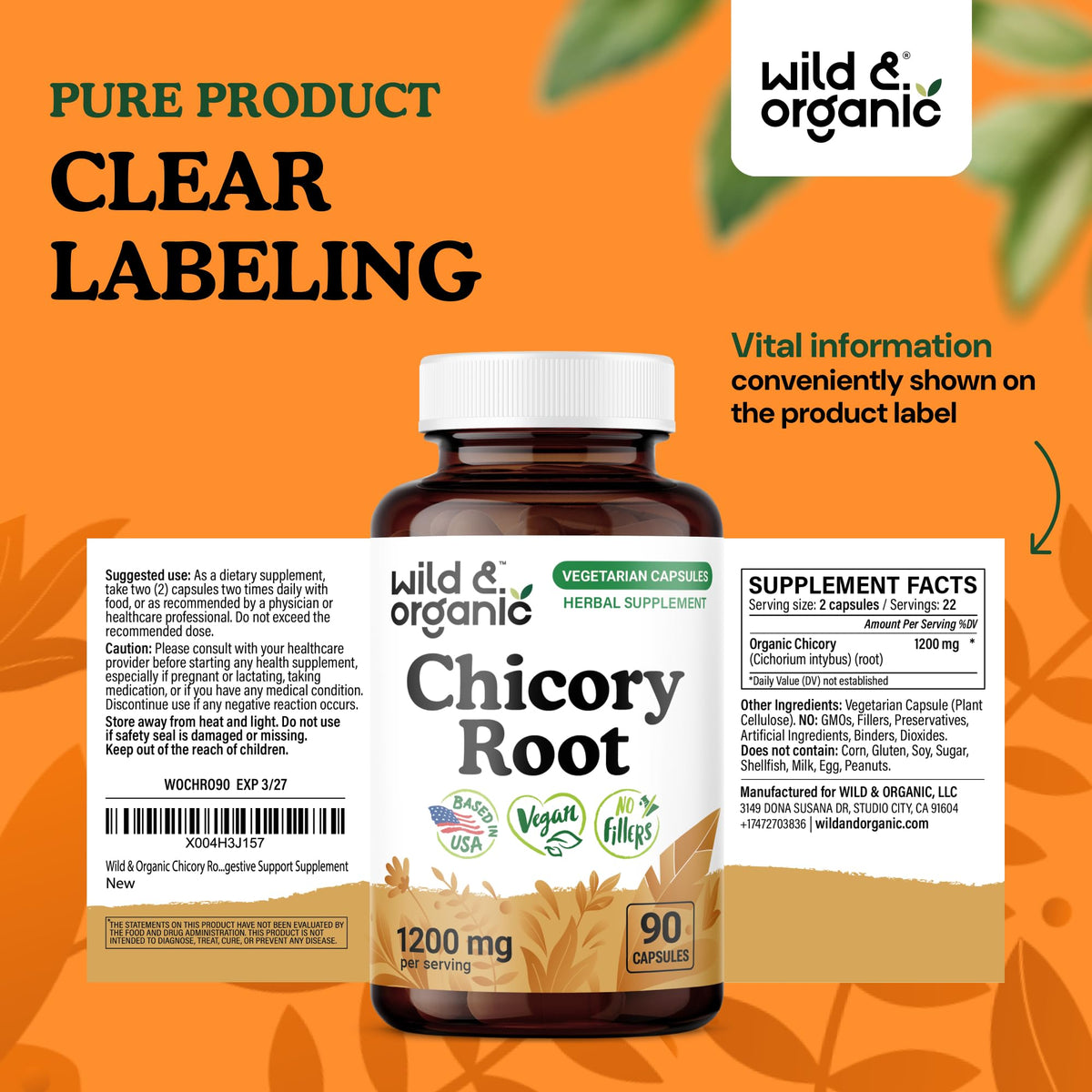 Capsules de racine de chicorée Wild & Organic, contenu de la bouteille