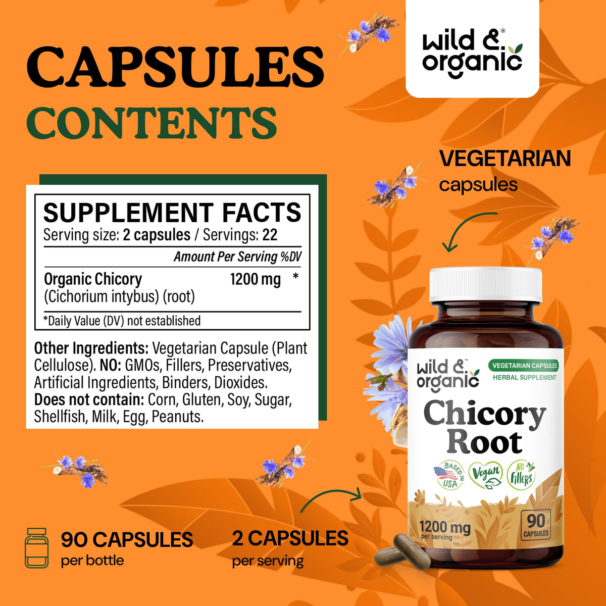 Capsules de racine de chicorée Wild & Organic sur fond blanc