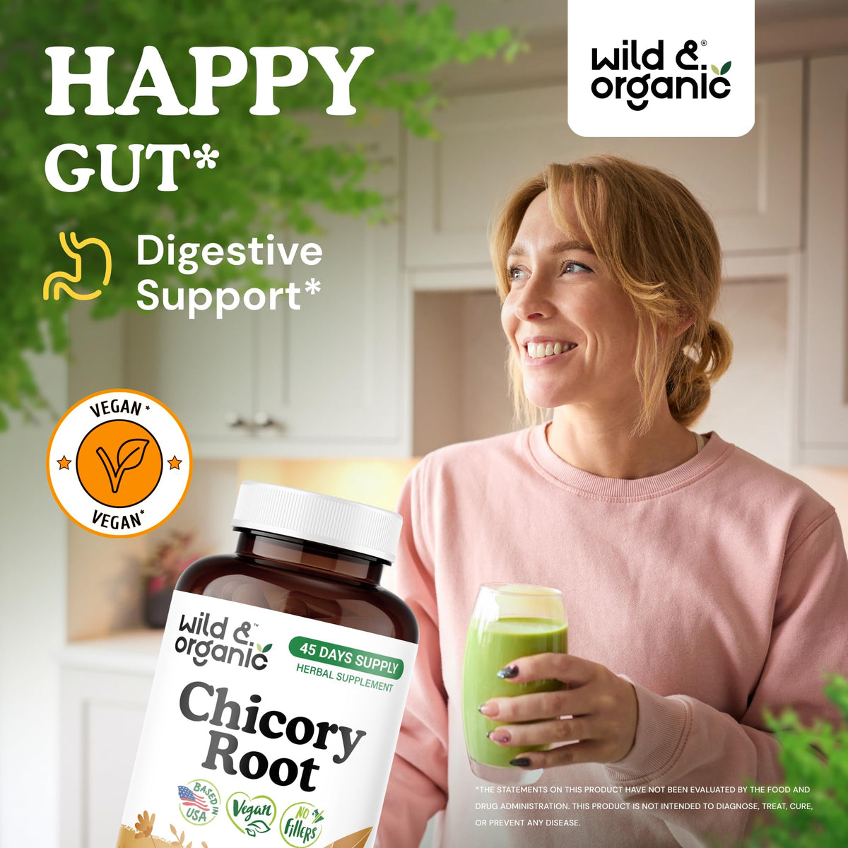 Capsules de racine de chicorée Wild & Organic sur une surface blanche