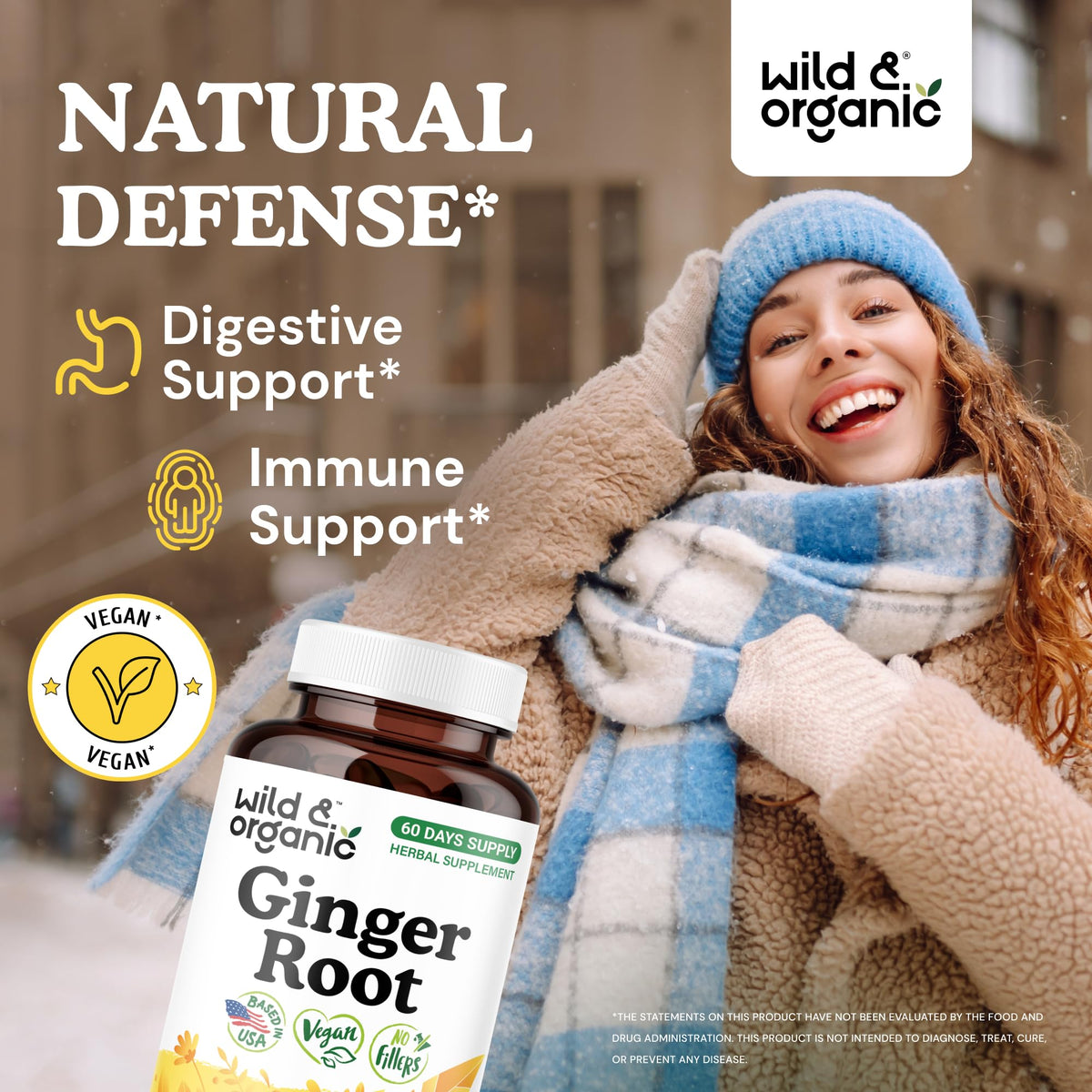 Capsules de racine de gingembre Wild & Organic sur une surface blanche