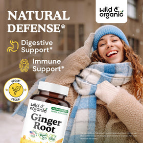Capsules de racine de gingembre Wild & Organic sur une surface blanche