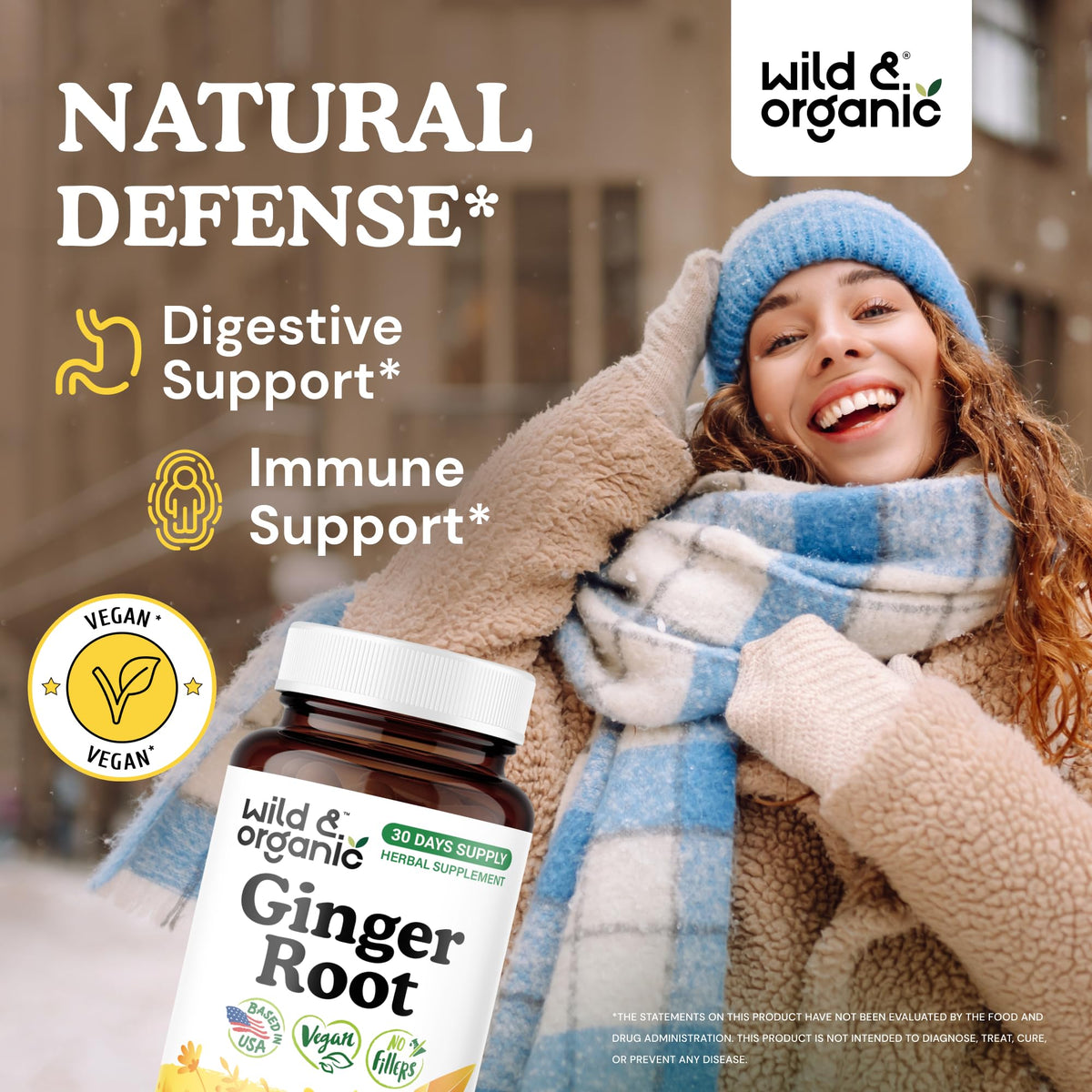 Capsules de racine de gingembre Wild & Organic sur une surface en bois