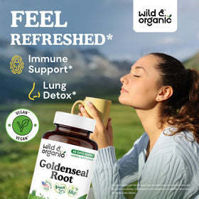 Capsules de racine de goldenseal Wild & Organic sur fond blanc