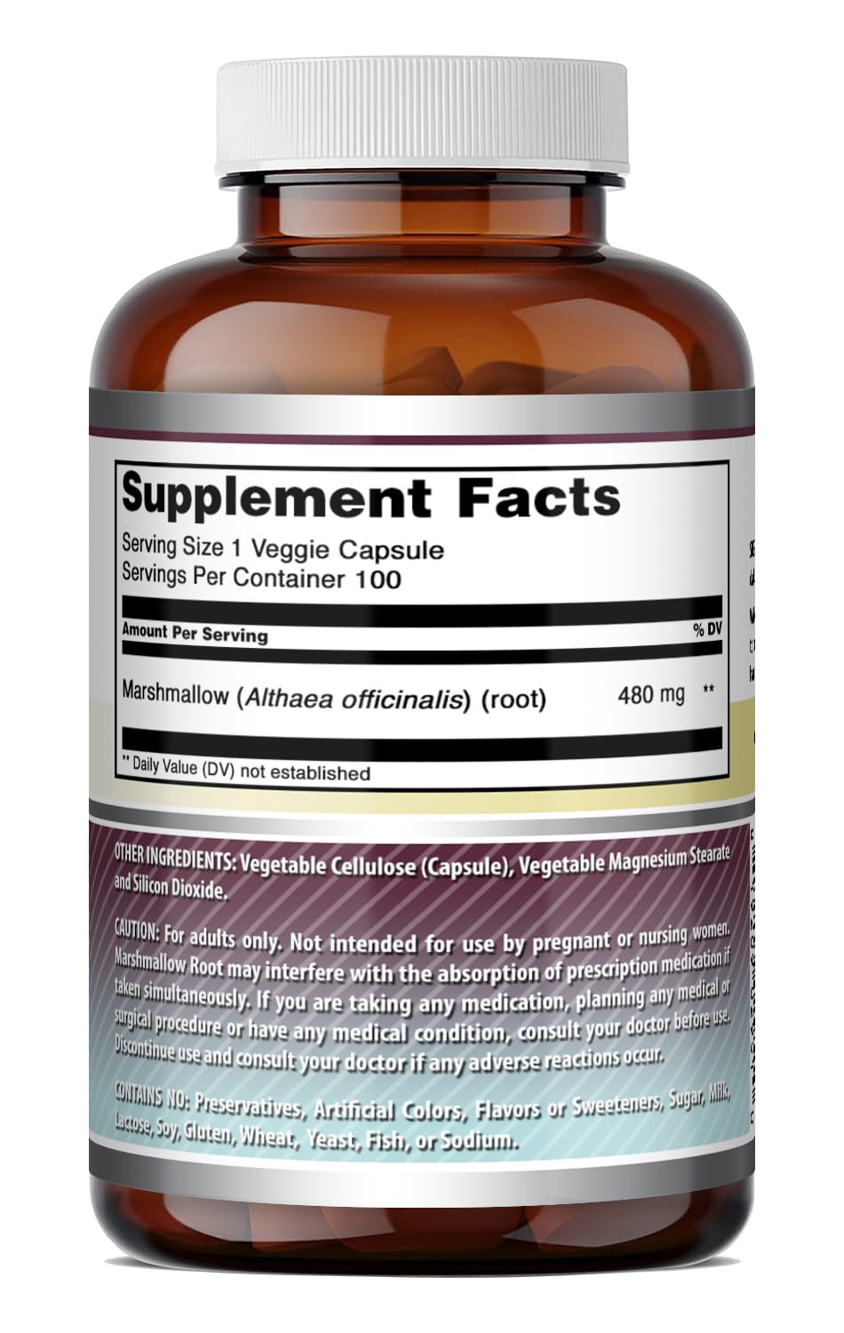 Capsules de racine de guimauve Amazing Nutrition sur table en bois