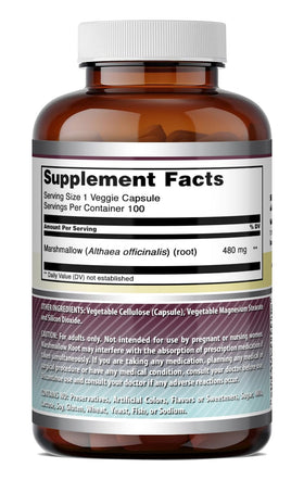 Capsules de racine de guimauve Amazing Nutrition sur table en bois