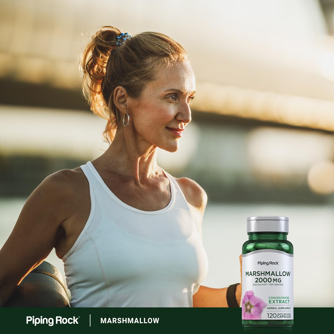 Capsules de racine de guimauve Piping Rock avec mesure de dosage à côté