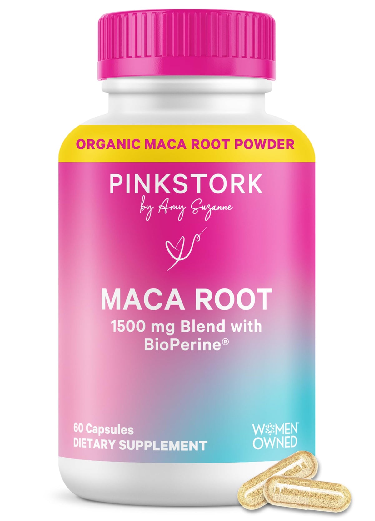 Capsules de racine de maca bio Pink Stork, 1500 mg, 60 comprimés, vue de face