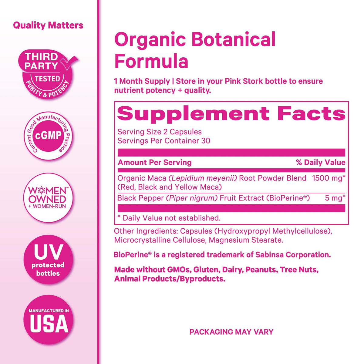 Capsules de racine de maca bio Pink Stork sur une table en bois