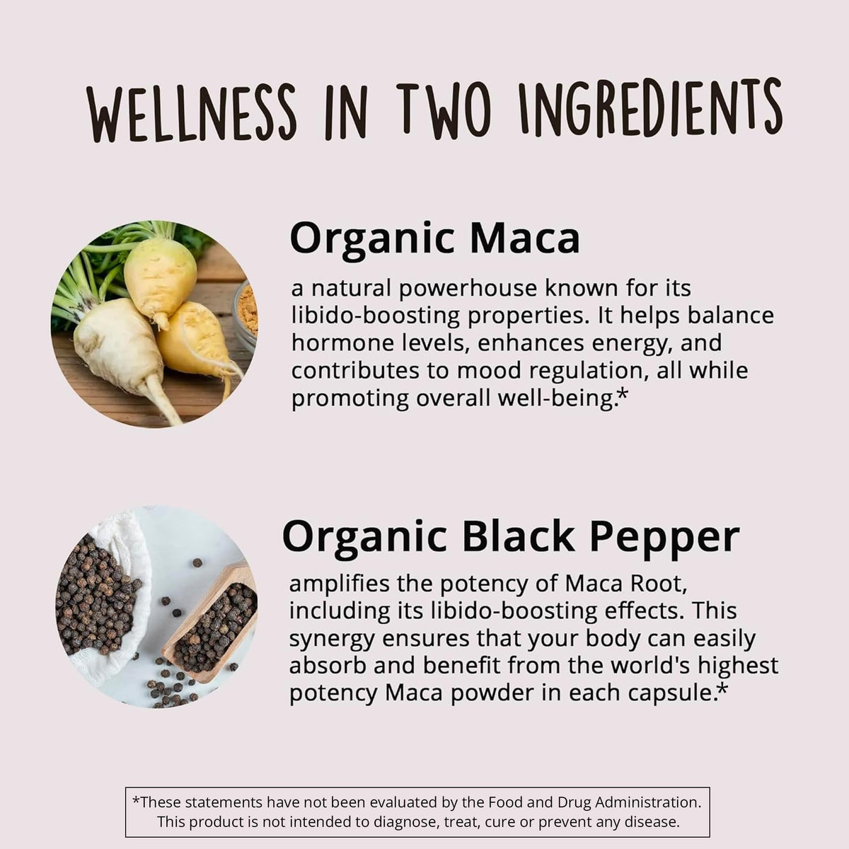 Capsules de racine de maca bio sur une surface en bois