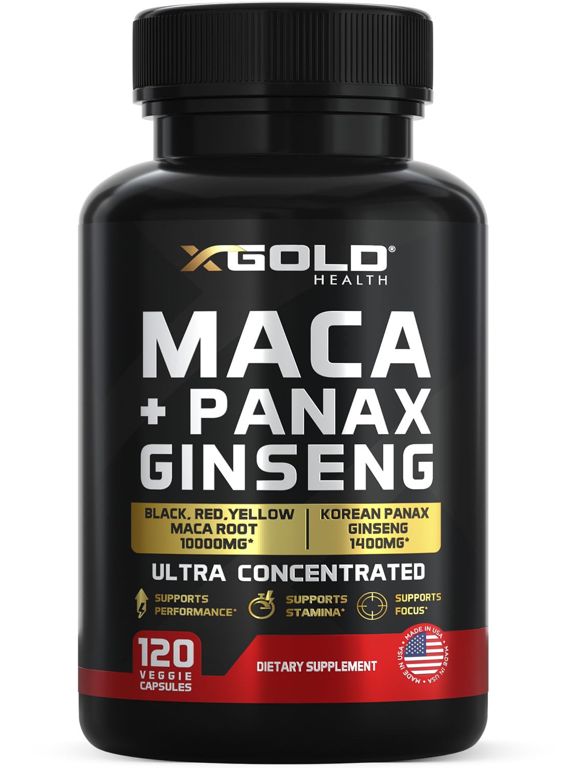 Capsules de racine de maca et ginseng coréen X Gold Health, vue de face