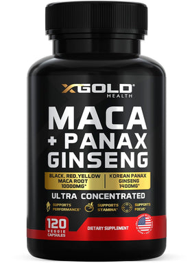 Capsules de racine de maca et ginseng coréen X Gold Health, vue de face