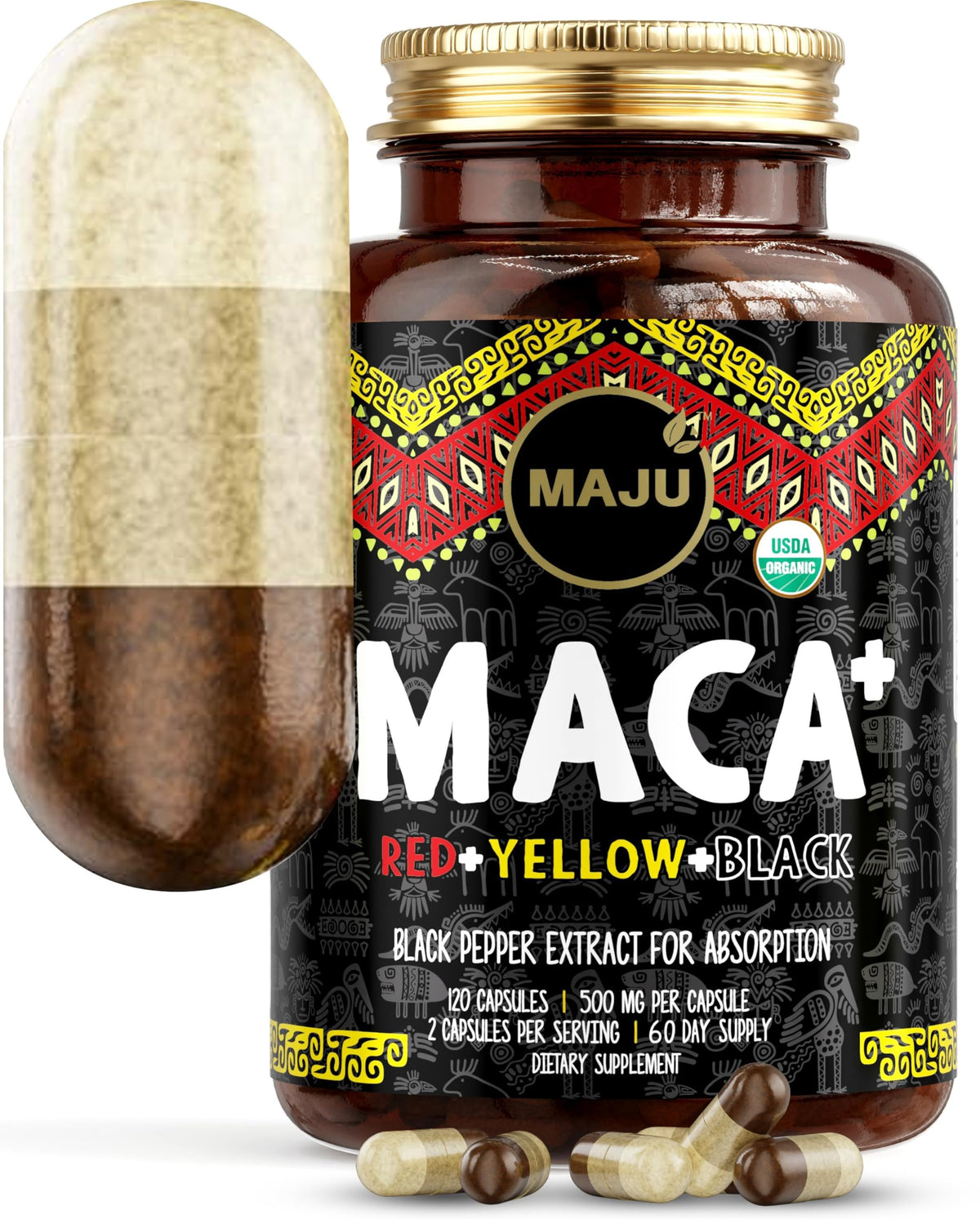 Capsules de racine de maca Maju Superfoods 4-en-1, vue de face