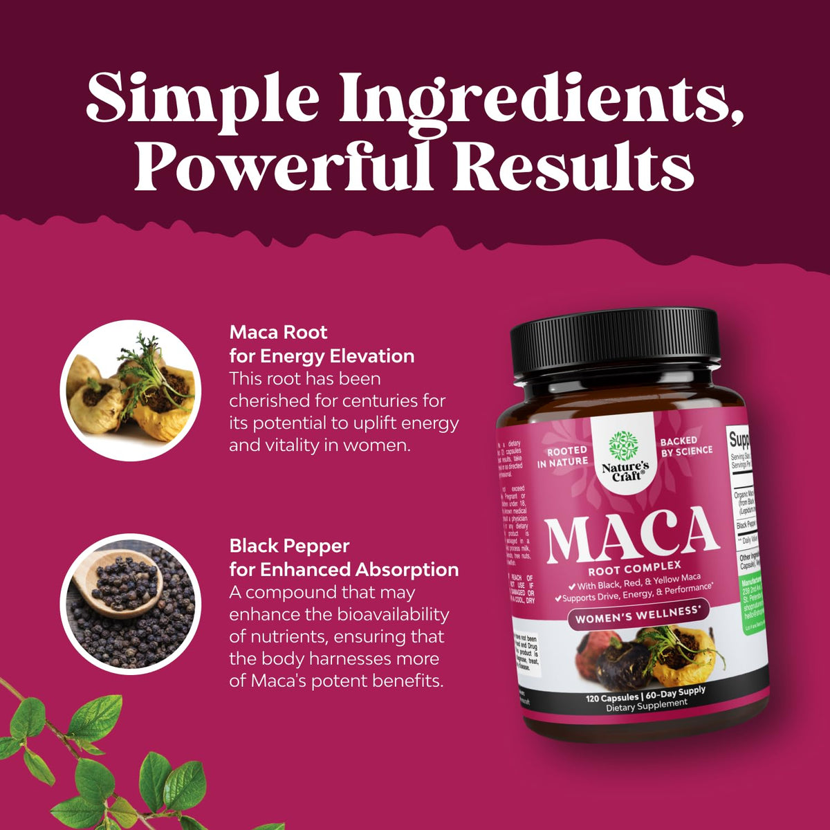 Capsules de racine de maca Natures Craft dans une cuillère