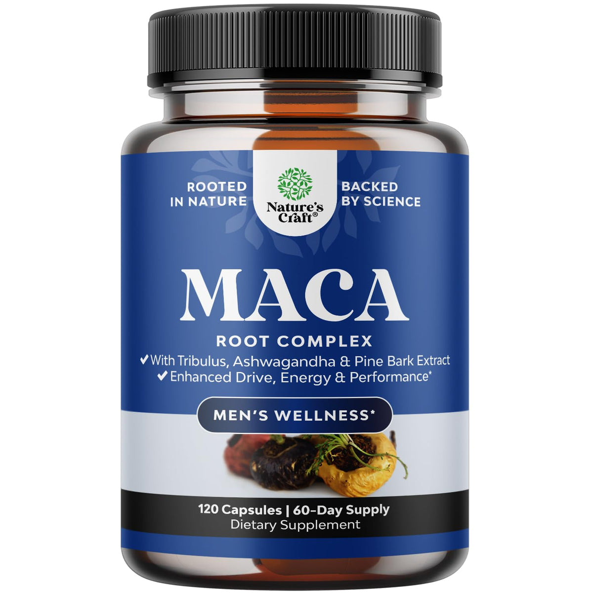 Capsules de Racine de Maca Noire de Natures Craft, 120 unités, vue de face