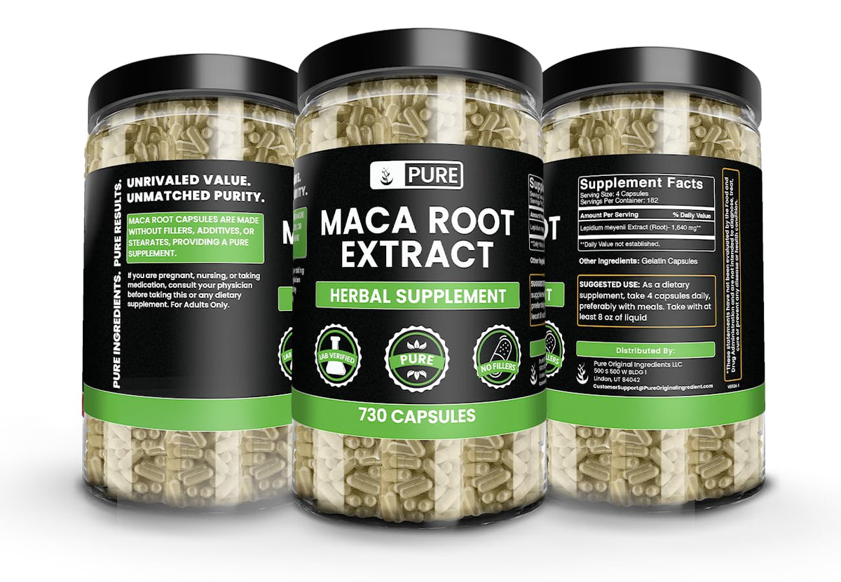 Capsules de racine de Maca sur fond neutre