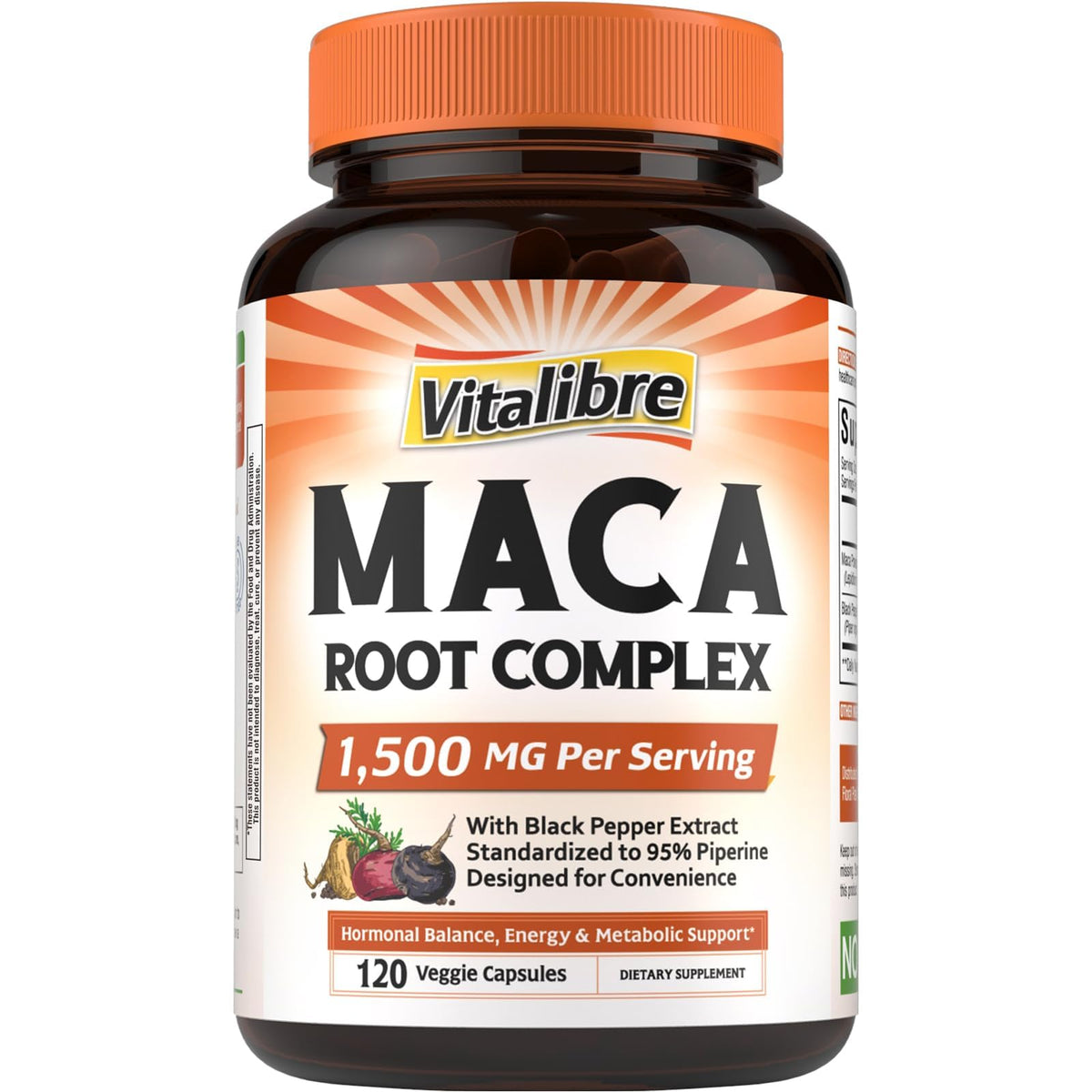 Capsules de racine de maca Vitalibre 1500 mg, vue de face