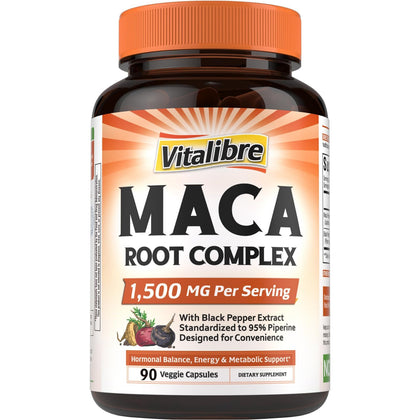 Capsules de racine de maca Vitalibre 1500 mg, vue de face