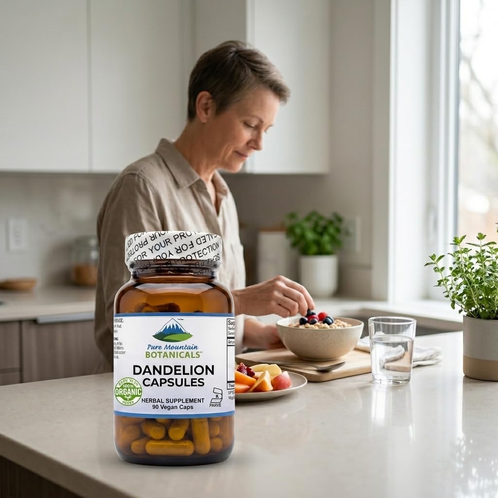Capsules de racine de pissenlit Pure Mountain Botanicals sur un fond naturel