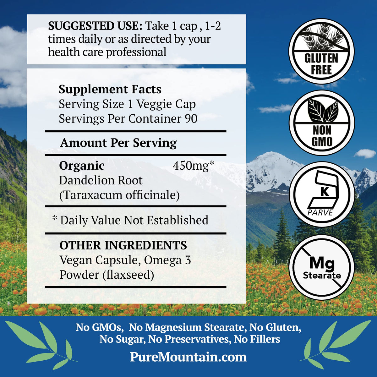 Capsules de racine de pissenlit Pure Mountain Botanicals sur une table en bois