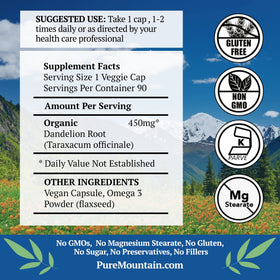 Capsules de racine de pissenlit Pure Mountain Botanicals sur une table en bois
