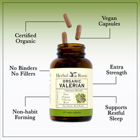 Capsules de racine de valériane bio Herbal Roots sur une surface en bois