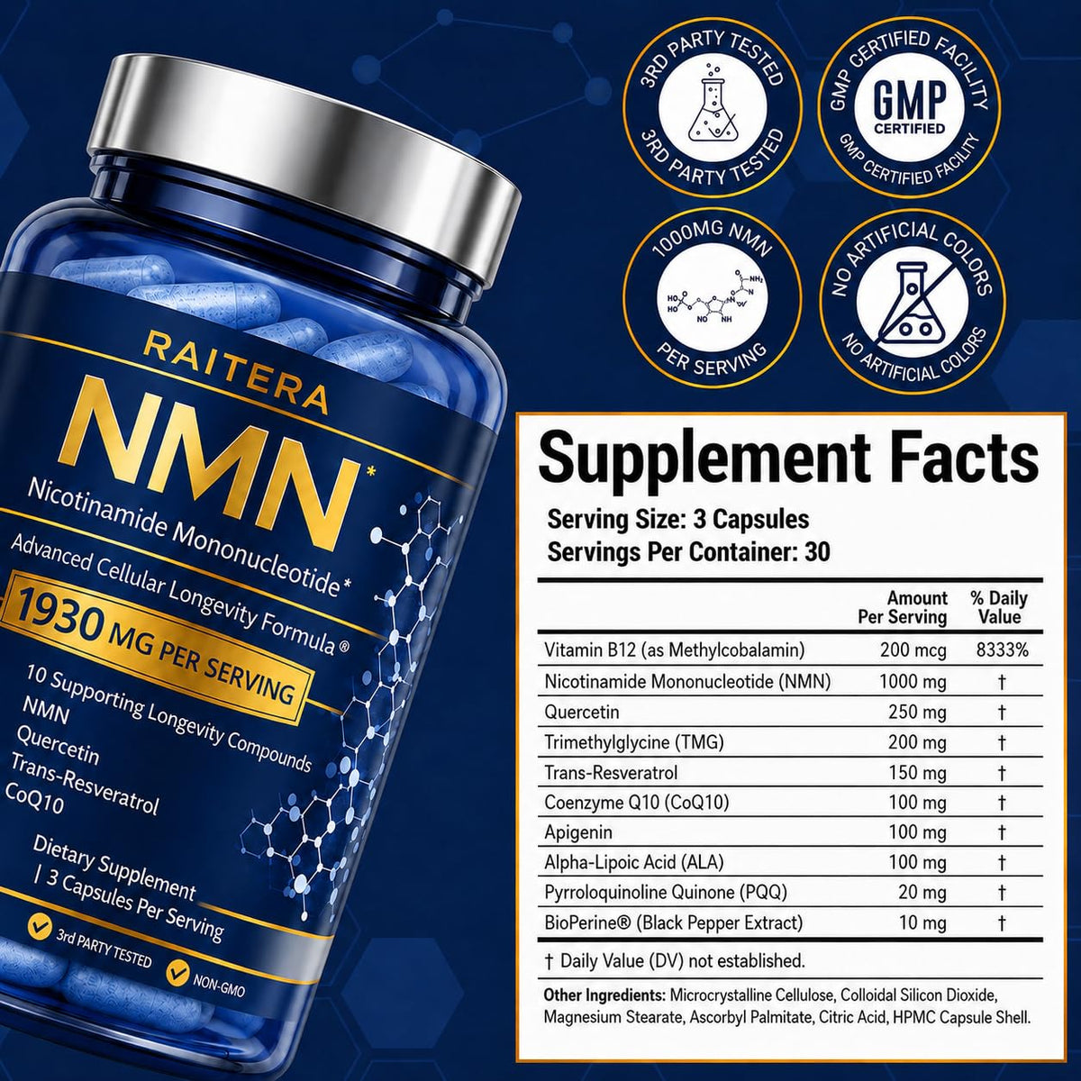 Capsules de Raitera NMN 1000mg dans un bol