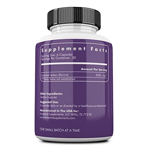 Capsules de rate de boeuf Ancestral Supplements, vue de côté