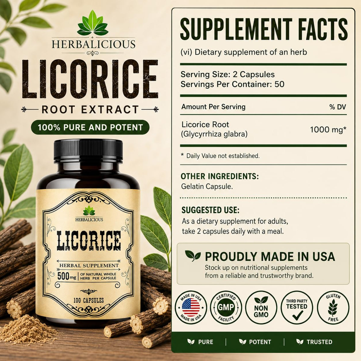Capsules de réglisse DGL HERBALICIOUS, présentation lifestyle avec des plantes