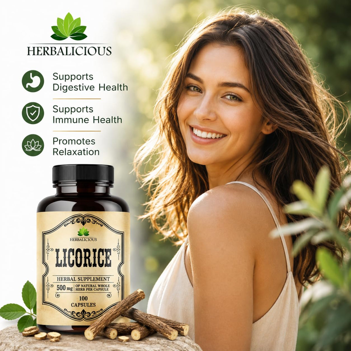 Capsules de réglisse DGL HERBALICIOUS, présentation sur un fond neutre