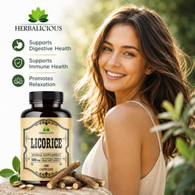 Capsules de réglisse DGL HERBALICIOUS, présentation sur un fond neutre