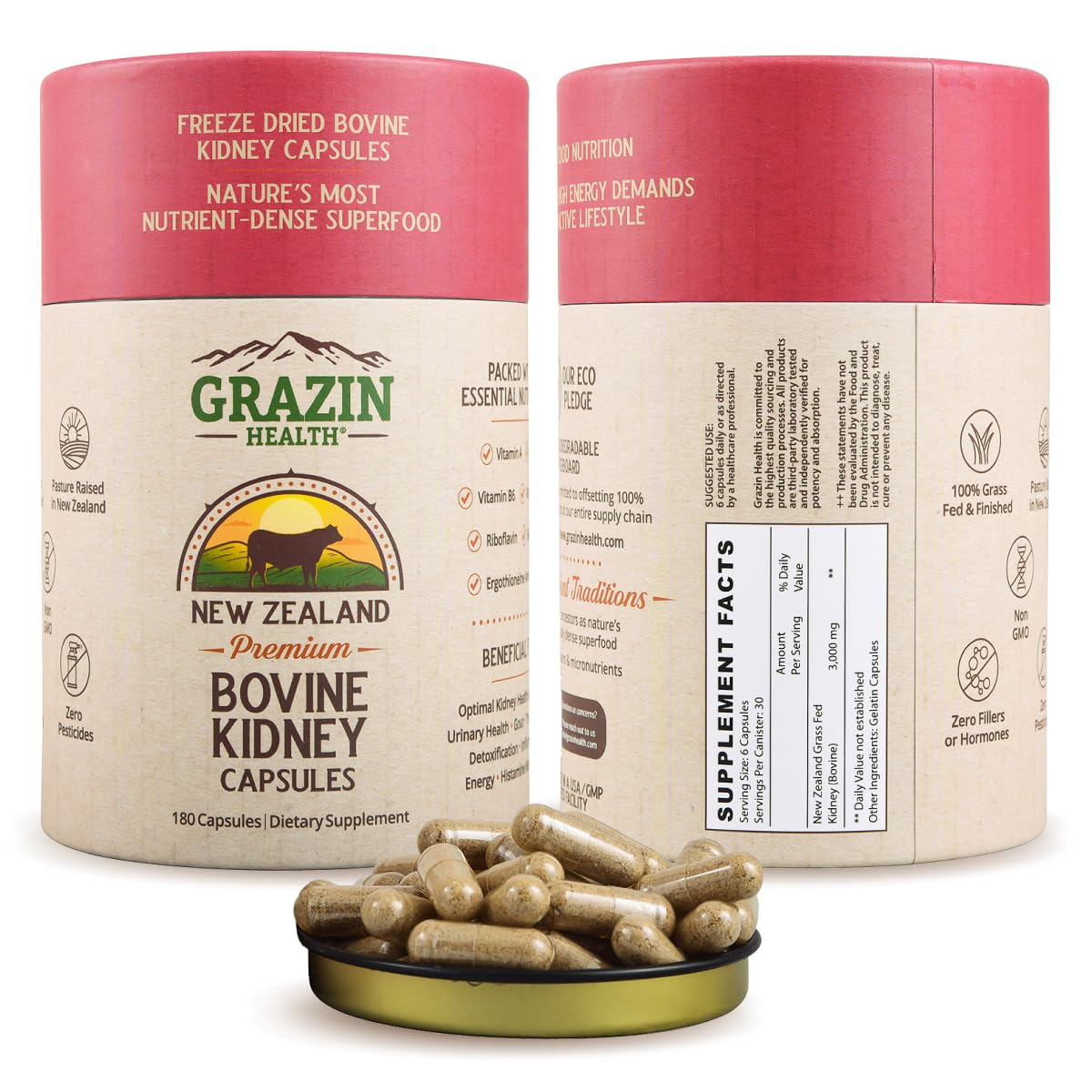 Capsules de rein bovin GRAZIN HEALTH 3000mg, vue de face