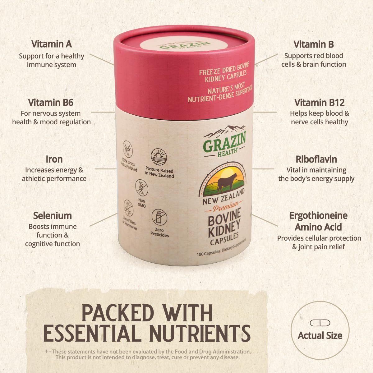 Capsules de rein bovin GRAZIN HEALTH avec des ingrédients naturels