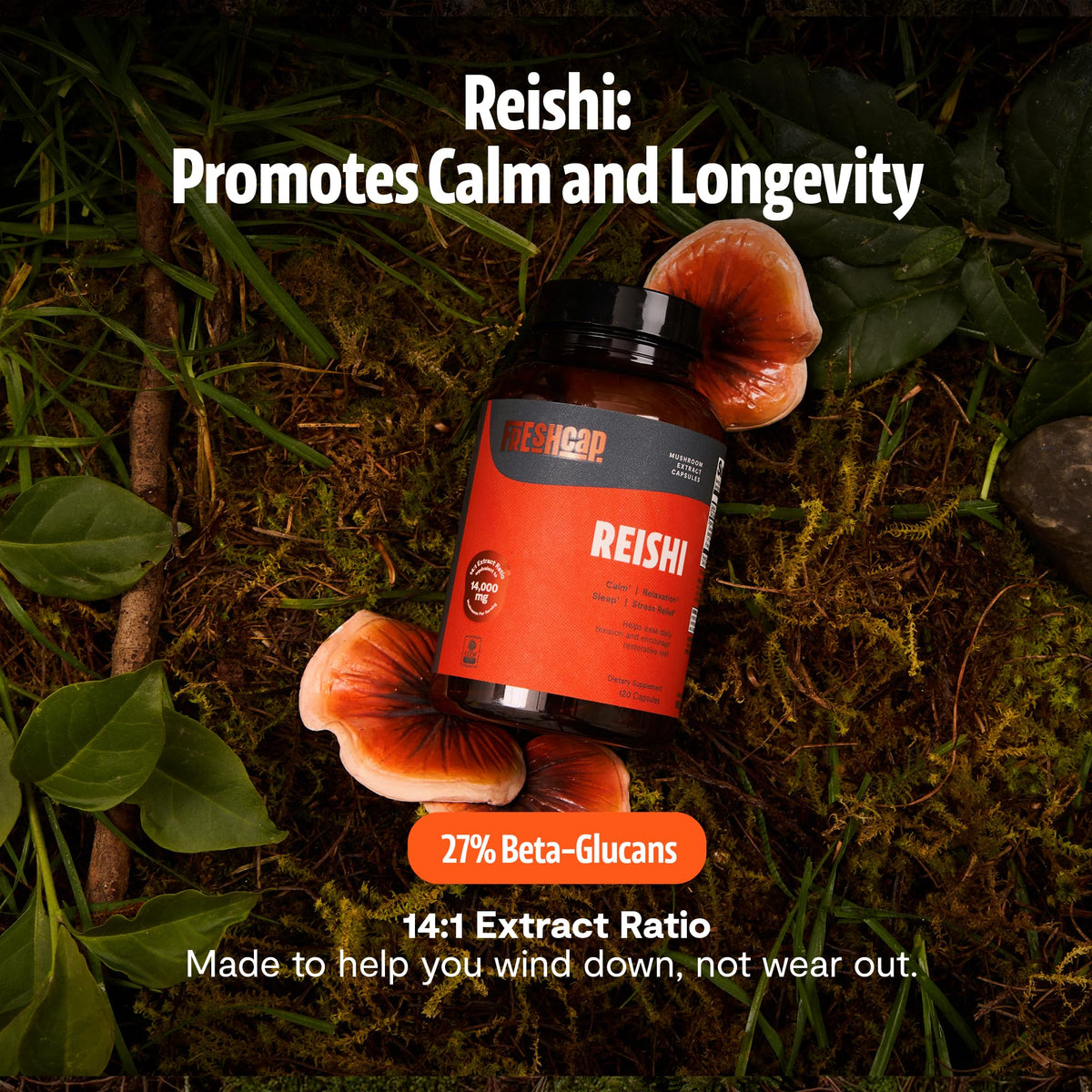 Capsules de Reishi bio FreshCap Mushrooms sur une surface blanche