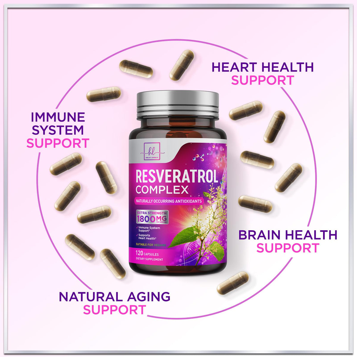 Capsules de resvératrol Hello Lovely! sur une table en bois