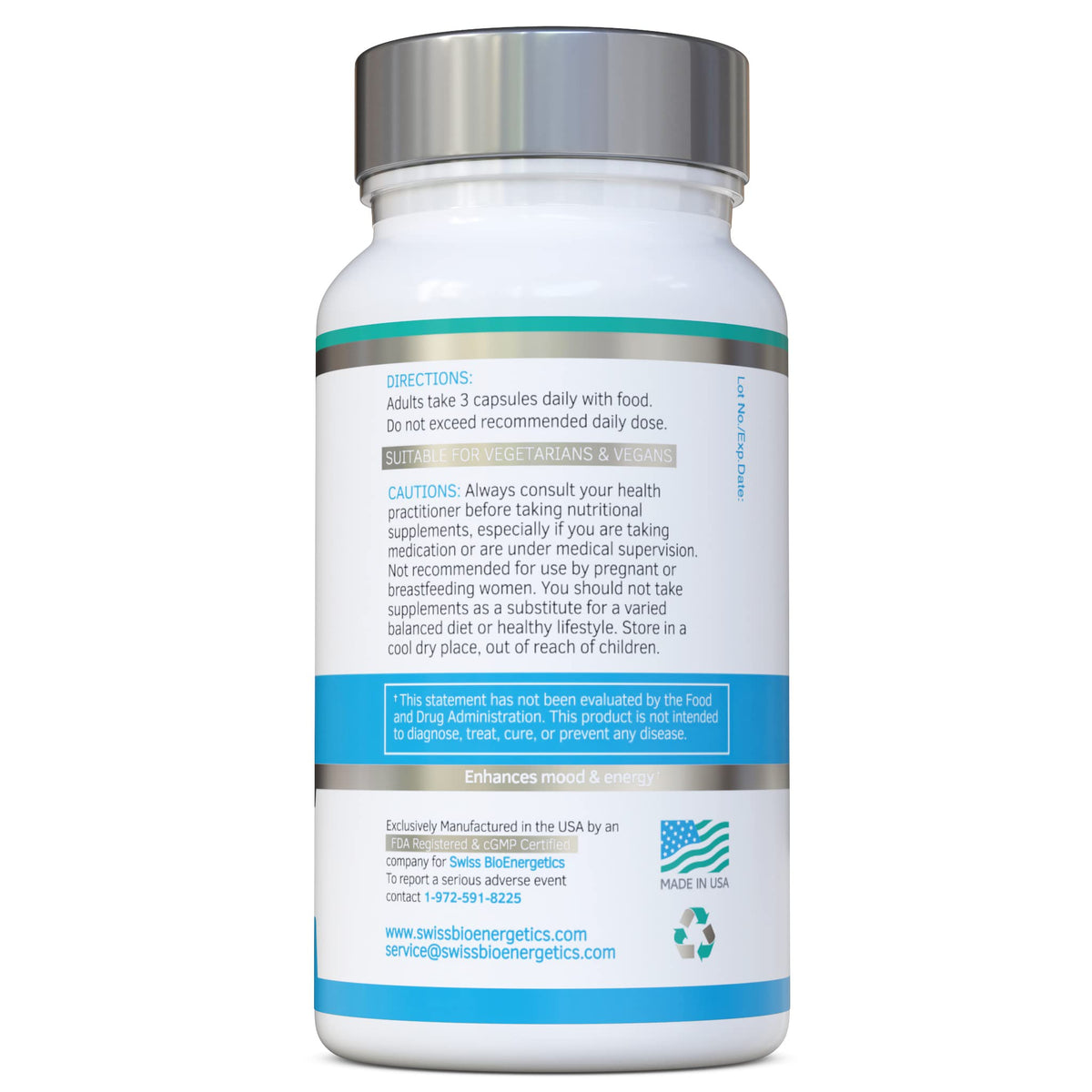 Capsules de Rhodiola & Ashwagandha 600mg sur une surface blanche