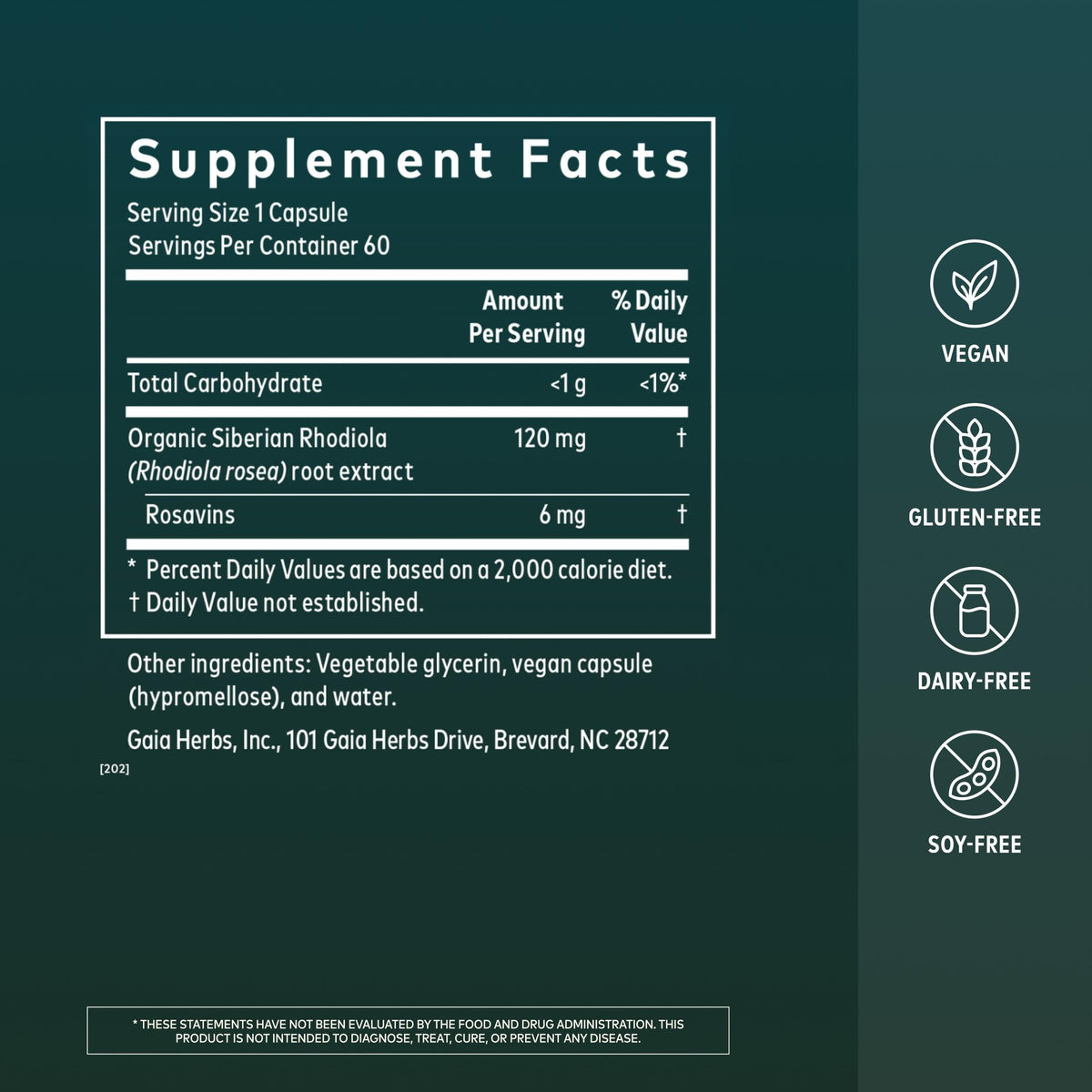 Capsules de Rhodiola Rosea de Gaia Herbs sur fond blanc
