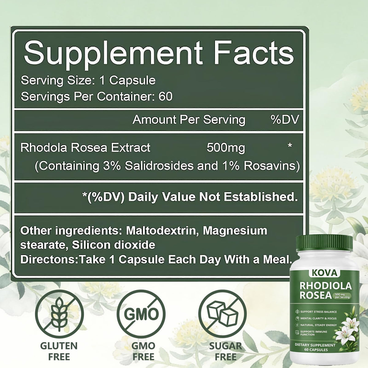 Capsules de Rhodiola Rosea wuliao avec verre d'eau