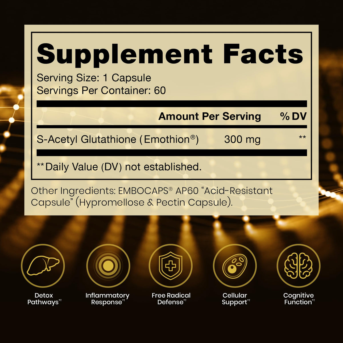 Capsules de S-Acetyl Glutathione Gold en gros plan