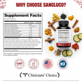 Capsules de Sangluco avec verre d'eau à côté