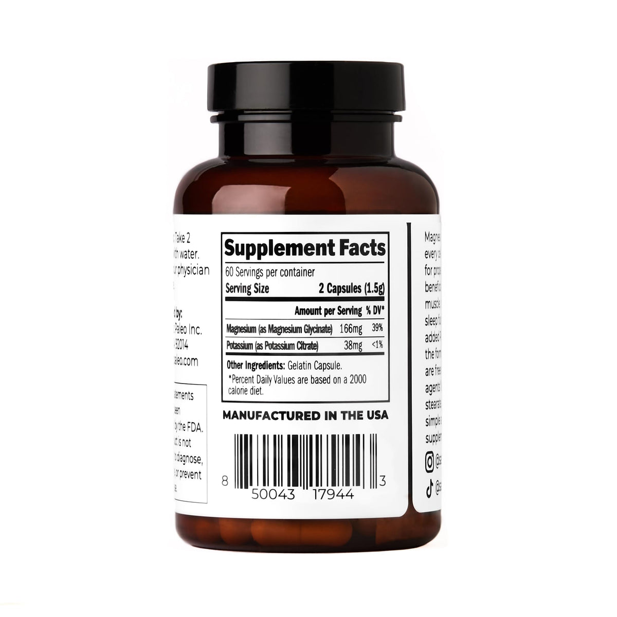 Capsules de Santa Cruz Paleo Magnésium + Potassium sur une surface blanche