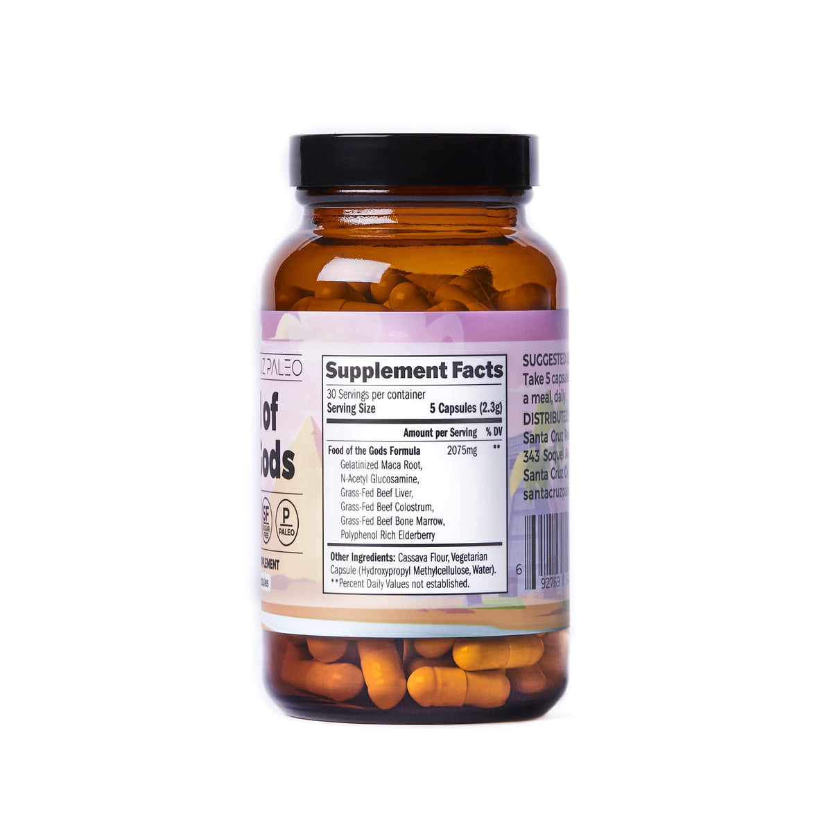 Capsules de Santa Cruz Paleo versées sur une surface claire