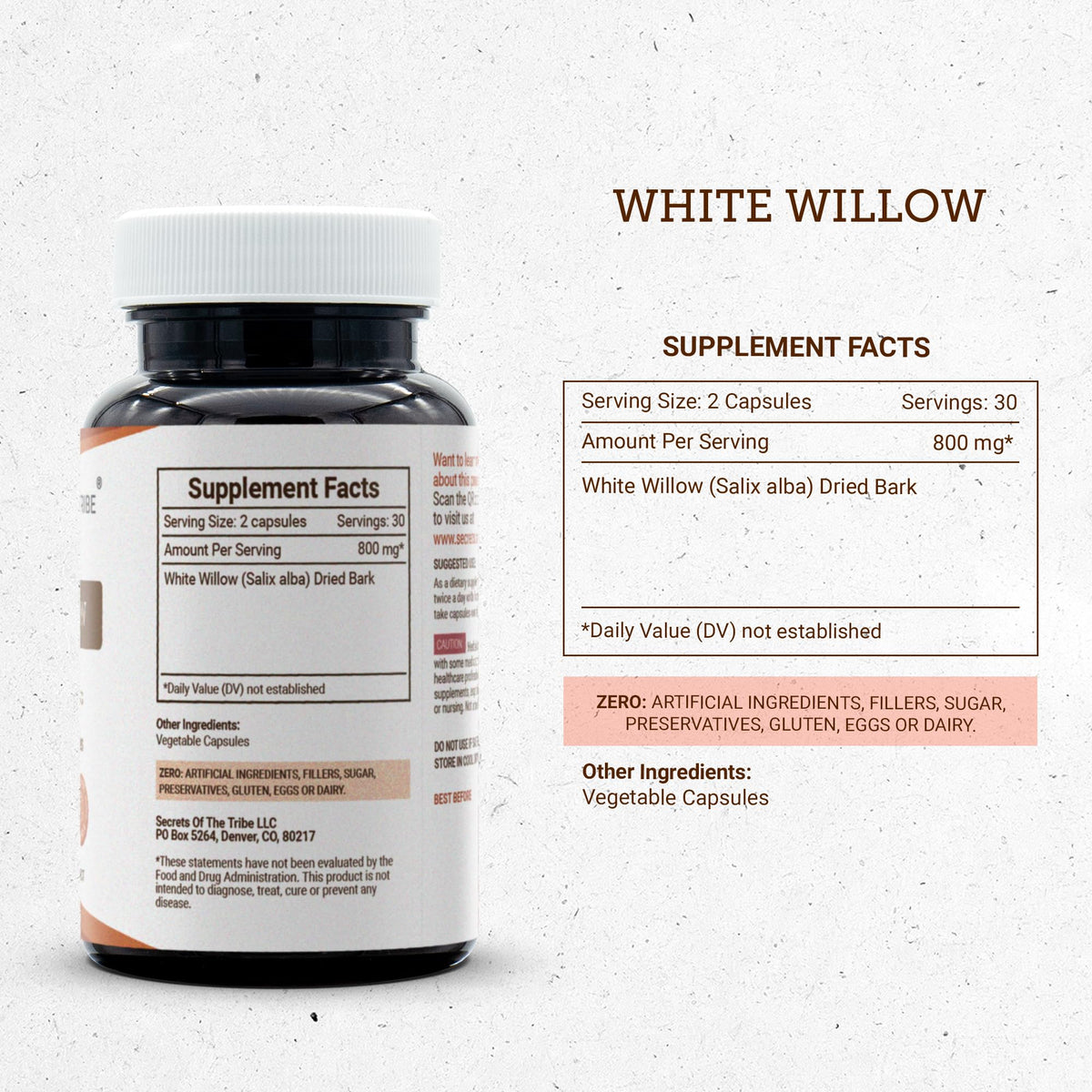 Capsules de saule blanc dans leur flacon transparent