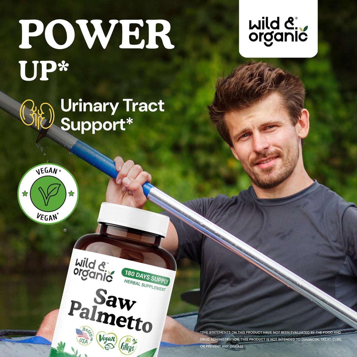 Capsules de Saw Palmetto 500 mg Wild & Organic sur une table