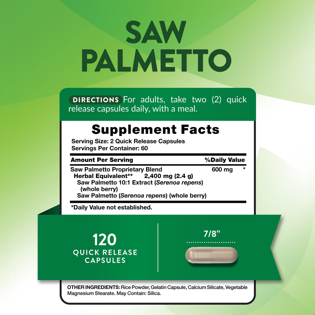 Capsules de Saw Palmetto Nature's Truth sur une surface blanche