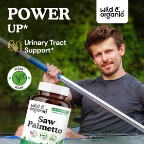 Capsules de Saw Palmetto Wild & Organic sur une surface blanche
