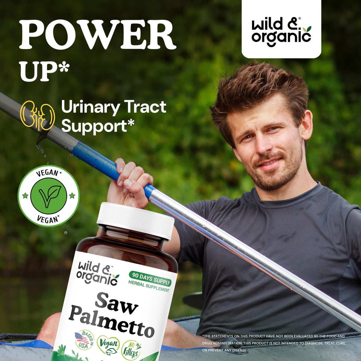 Capsules de Saw Palmetto Wild & Organic sur une surface en bois
