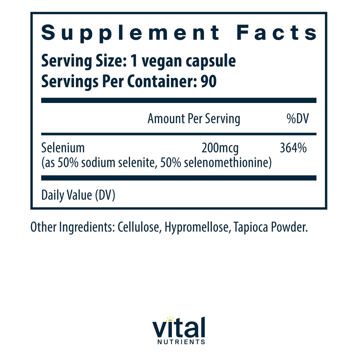 Capsules de Sélénium Vital Nutrients sur un fond blanc
