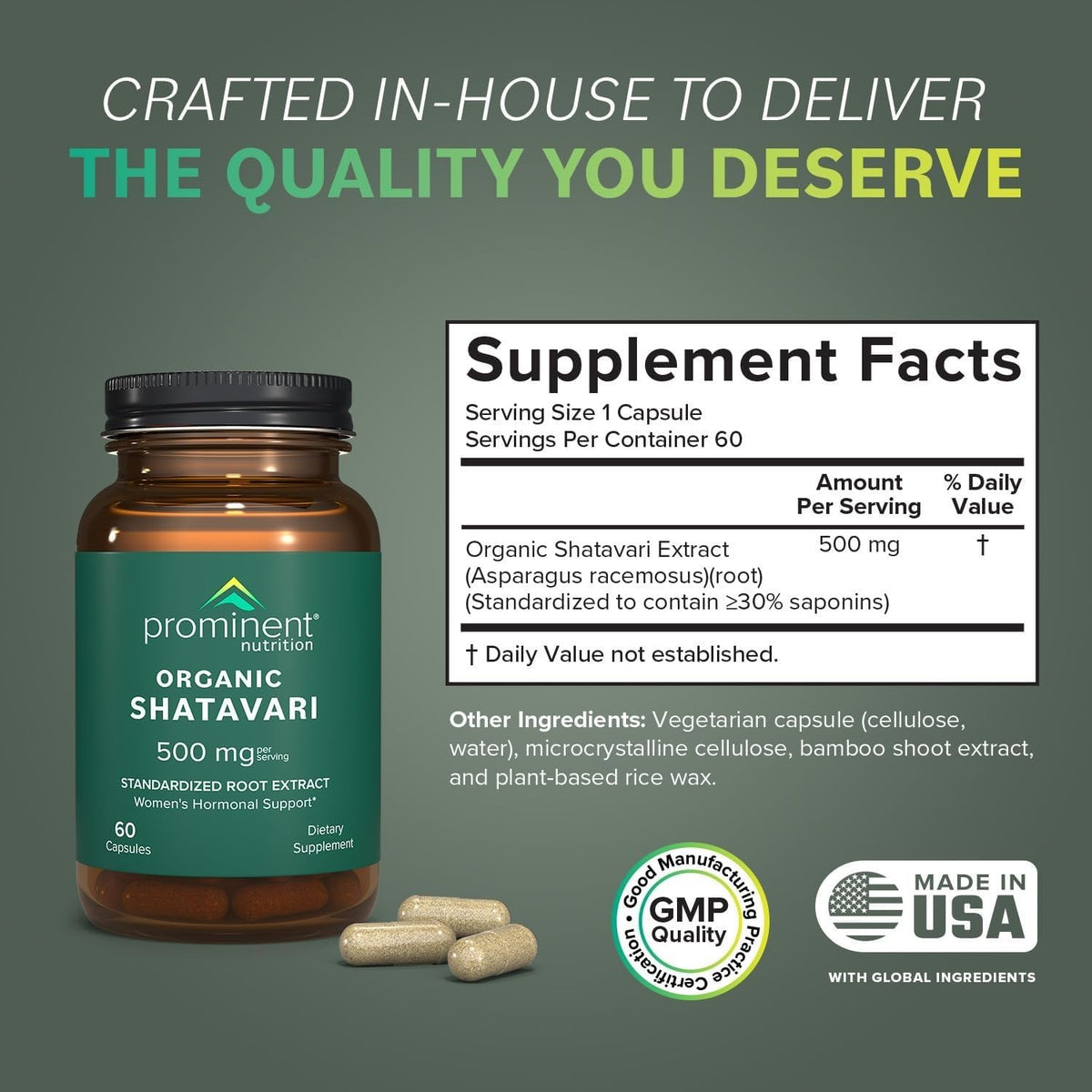 Capsules de Shatavari Bio de Prominent Nutrition sur une surface blanche